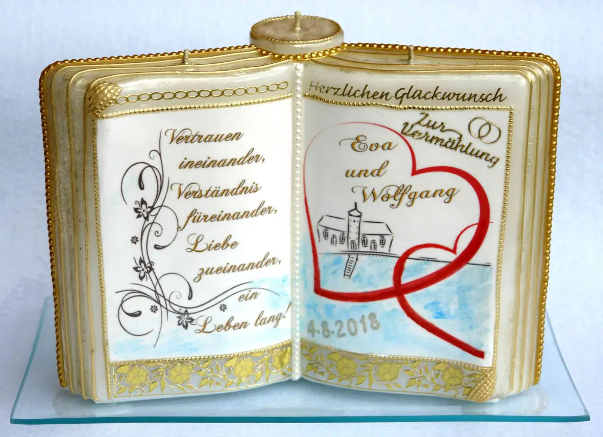 Buchkerze für Geburtstag oder Hochzeit gold mit Bilder